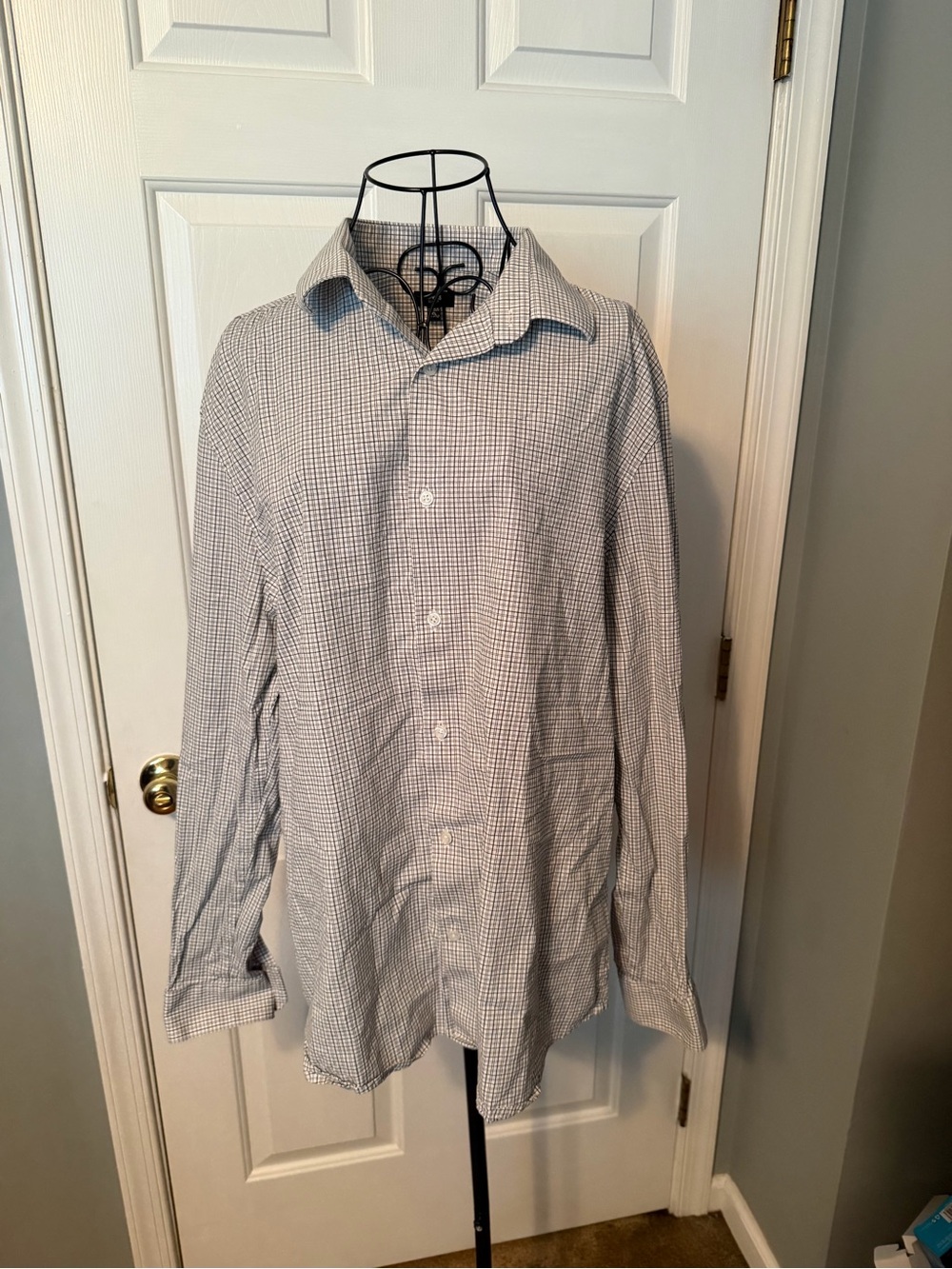 Express Men's Blue and White Micro-Check Dress Shirt